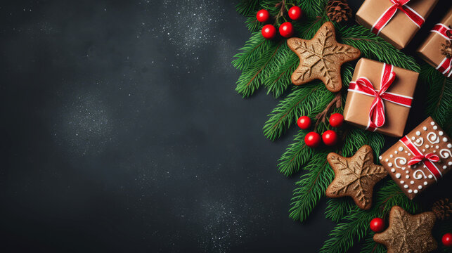 Gingerbread cookies and gift boxes as Christmas themed background