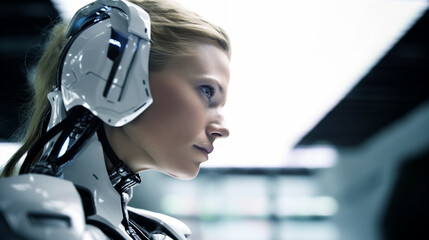 A woman in a white futuristic suit and headset stands in a bright, white room, evoking a lab or...