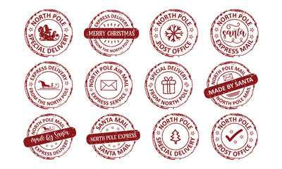 Set of north pole post Santa rubber stamp badge, seal, label, postmark designs on white background