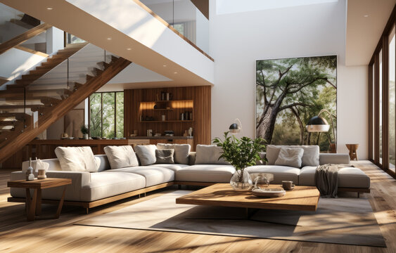 Modern living room in a luxury house. 3D render