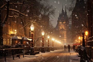 Fototapeta na wymiar Early Morning Winter Wonderland: A City Street Transformed by Fresh Snowfall and Christmas Lights at Dawn