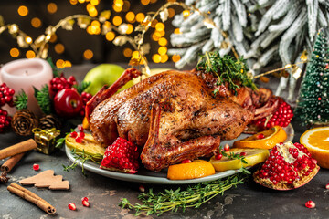 Whole roasted duck with oranges, berries and herbs. Dish for Christmas Eve
