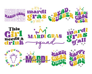 Cute Mardi Grass sayings retro wavy lettering typeset collection set or bundle on white background - obrazy, fototapety, plakaty
