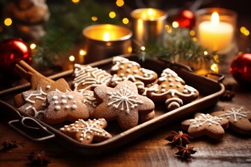 Obraz na płótnie Canvas Freshly Baked Gingerbread Cookies Resting on a Tray Amidst a Cozy Christmas Setting