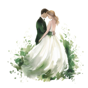 Cartoon pictures of couples on their wedding day, watercolor style on white background