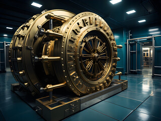 An immense safe in a bank, specifically designed for storing gold and precious stones for the wealthiest businessmen. The vault exudes security and wealth, with its advanced locking mechanisms