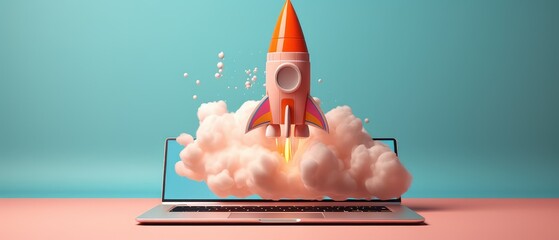cartoonish space rocket outgoing of laptop screen, showcase boost performance ,innovation - obrazy, fototapety, plakaty