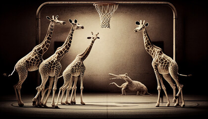 Tierischer Teamgeist mit sportlicher Vielfalt und Fairplay verknüpft durch Giraffen spielen Basketball dargestellt lustige Tiere symbolisch Charakter und Herausforderung Generative AI