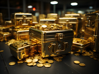 Golden chests filled with gold and silver, radiating opulence and wealth. These luxurious containers are brimming with shiny coins, bars, and precious items, symbolizing affluence and a treasure trove - obrazy, fototapety, plakaty