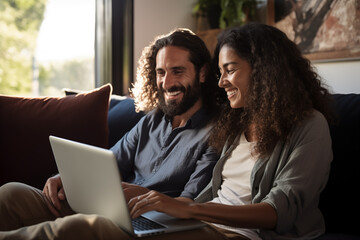 Man and woman sitting on the couch with a laptop PC and doing online shopping or streaming a movie - Topic online and streaming services - obrazy, fototapety, plakaty