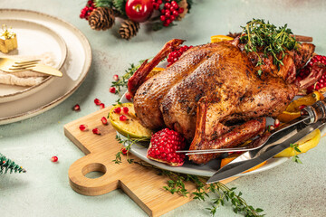 Winter Holiday table served for Christmas dinner with roasted duck. Menu, recipe mock up, banner. copy space for text. top view