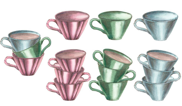 A set of dishes, cups for hot drinks in blue, pink and green colors. A stack of cups, isolate. Watercolor illustration. Template for the design of coffee shops, restaurants, menus, packaging, textiles