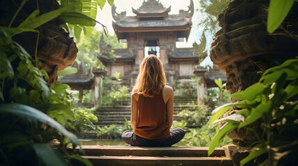 A fit woman sitting on a wooden pier and meditating in a beautiful mountainous surrounding near the lake and buddhist temple