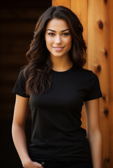 Fototapeta premium A stunning brunette exudes charm in a simple black T-shirt, epitomizing casual elegance