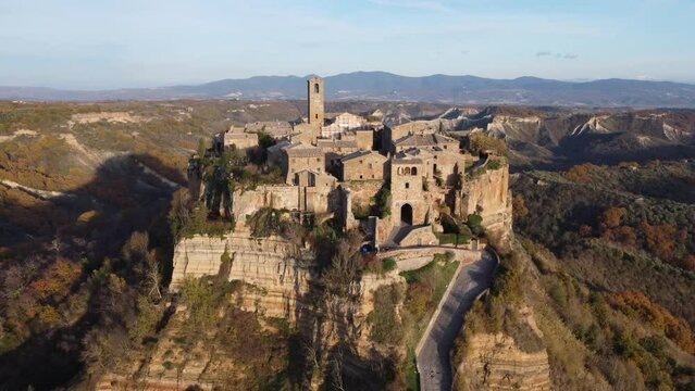 Aerial view of Civita Di Bagnoregio hilltop village in central Italy