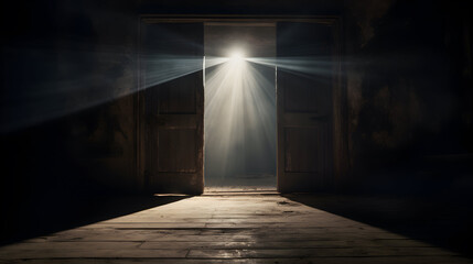 Light entering through open door to a dark empty room, rustic wooden floor - obrazy, fototapety, plakaty