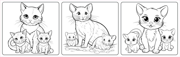 Cat with kitten and mouse coloring book pages, Vector illustration