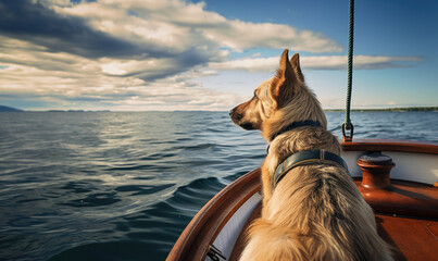 vu de dos, un chien assis sur un voilier en train de naviguer sur la mer, en regardant l'horizon et le soleil couchant - obrazy, fototapety, plakaty