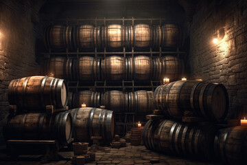 Wine barrels stacked in background of cellar of a winery. Industrial concept of production and...