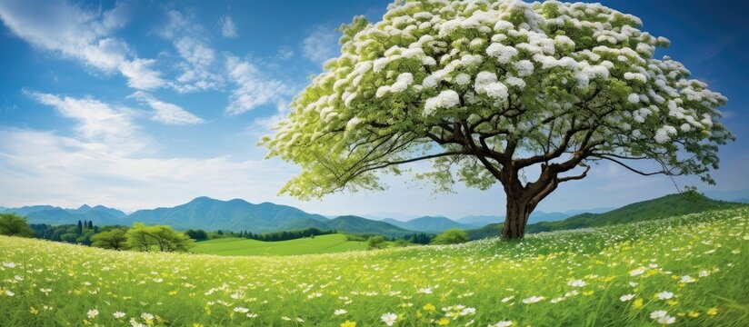 In the summer against the vibrant green landscape a majestic tree adorned with white flowers stands tall creating a picturesque background that celebrates the beauty of nature The leaves swa