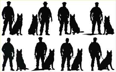 Police and dog Silhouettes, black silhouettes, Vector illustration - obrazy, fototapety, plakaty