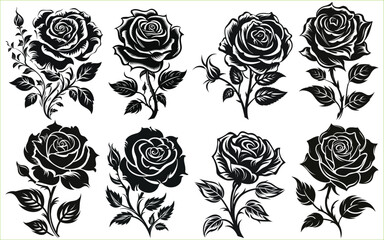 Rose flower Silhouettes set, Rose flowers Collection, Silhouettes of roses, Flower silhoutte. Vector illustration - obrazy, fototapety, plakaty