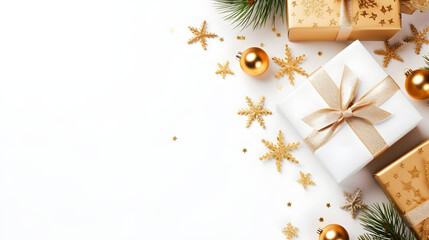 Christmas card template. Flat lay composition with gift box, fir tree branches, white and gold decorations in corners of Christmas background.