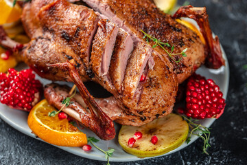 Christmas Roast duck breast with fruits. Concept food menu