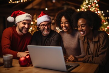 Obraz premium Diverse Remote Team Enjoying a Virtual Christmas Party with Decorations and Gift Exchange