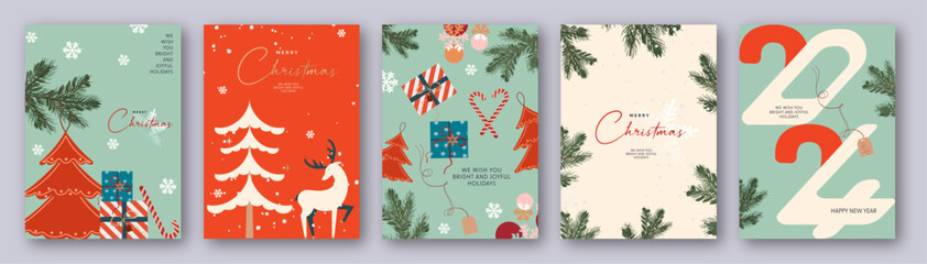 Merry Christmas and Happy New Year greeting card set. Modern Xmas design with typography, gifts, christmas tree and snowflakes. illustration concept for invitation, poster, cover, banner, social media