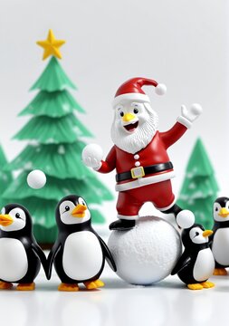 3D Toy Of Santa Claus Having A Friendly Snowball Fight With Penguins On A White Background.