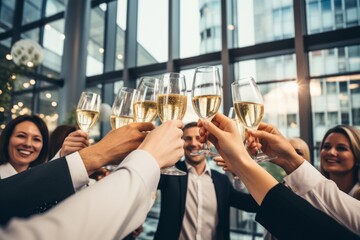 A lively New Year's Eve office party with cheerful employees toasting to a successful year ahead - obrazy, fototapety, plakaty