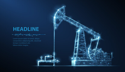 Oil pump on blue. Digital extraction, Gas market, Well drilling, Petroleum production