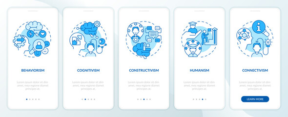 2D icons representing learning theories mobile app screen set. Walkthrough 5 steps blue graphic instructions with thin line icons concept, UI, UX, GUI template. - obrazy, fototapety, plakaty
