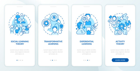 2D icons representing learning theories mobile app screen set. Walkthrough 4 steps blue graphic instructions with linear icons concept, UI, UX, GUI template.