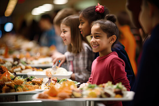 Cute elementary students at buffet line at lunchtime