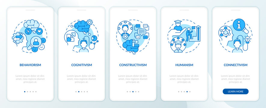 2D icons representing learning theories mobile app screen set. Walkthrough 5 steps blue graphic instructions with thin line icons concept, UI, UX, GUI template.