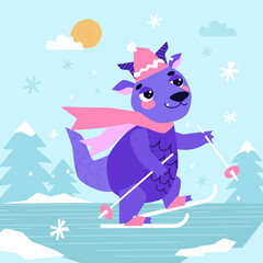 Dragon skier skis among the forest on a sunny day. Cute Dragon cartoon mascot character. Winter time. Dragon Year.