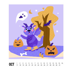 Dragon calendar. October. Dragon celebrates Halloween. Creepy pumpkins, ghosts and bats. Fall season. Cute Dragon cartoon mascot character. Happy New Year of the Dragon.