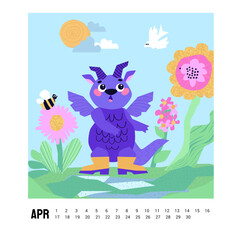 2024 Dragon Calendar. April. Spring season. Cute Dragon cartoon mascot character. Happy New Year of the Dragon.