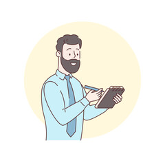 An adult man makes notes with a pen. Young man holding paper notebook. Thinking man character. Isolated on white background. Guy studying and writing in notebook. Education. Vector illustration.