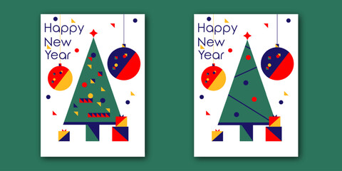 New Year's cards in origami style. Beautiful Christmas cards with realistic shadow. Design postcards. Postcards with New Year's greetings