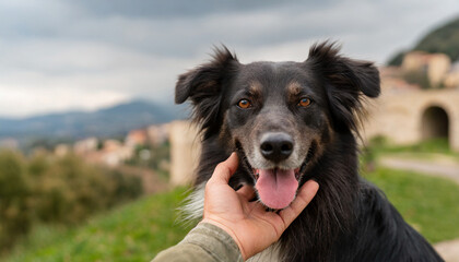 Close-up of a man's hand petting a happy dog outdoor