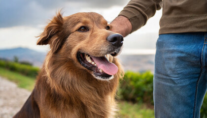 Obraz premium Close-up of a man's hand petting a happy dog outdoor