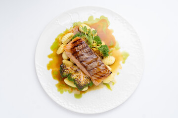 grilled salmon isolated white background top