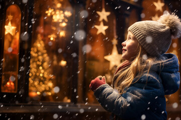 Jeune fille émerveillée par les décorations de Noël. - obrazy, fototapety, plakaty