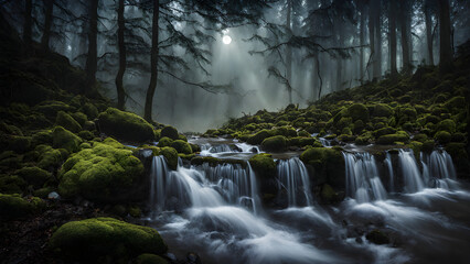 forest at night, moonlight on mossy stones, the shimmering reflections of a waterfall