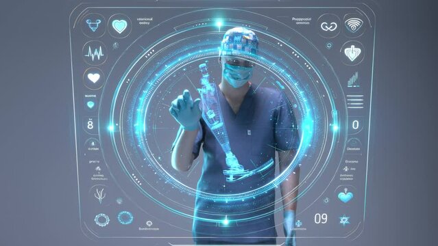 prosthetic, leg, hologram, limb, Healthcare doctor surgeon neurologist interacts with futuristic holographic hud screen Medical AR interface, digital diagnostics virtual 3D print imaging in medicine.