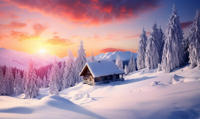 Sonnenaufgang an der winterlichen Berghütte