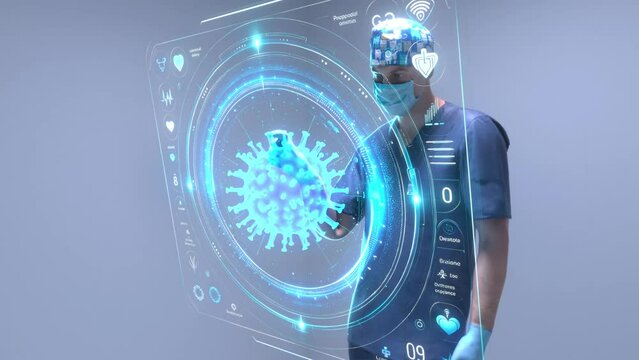 human, brain, neuron , mind, Healthcare doctor surgeon neurologist interacts with futuristic holographic hud screen Medical AR interface, digital diagnostics virtual 3D print imaging in medicine.